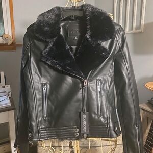 Black Faux Leather Jacket with Faux Fur Collar